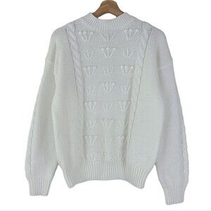 Cristina Vintage Ivory White Textured Coquette Modest Pom Sweater Size Medium